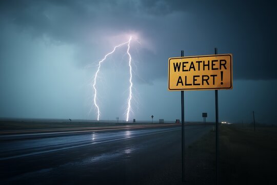 Dramatic lightning strikes over a highway with a weather alert sign, concept for weather forecasting, emergency alert system, and road safety awareness campaigns
