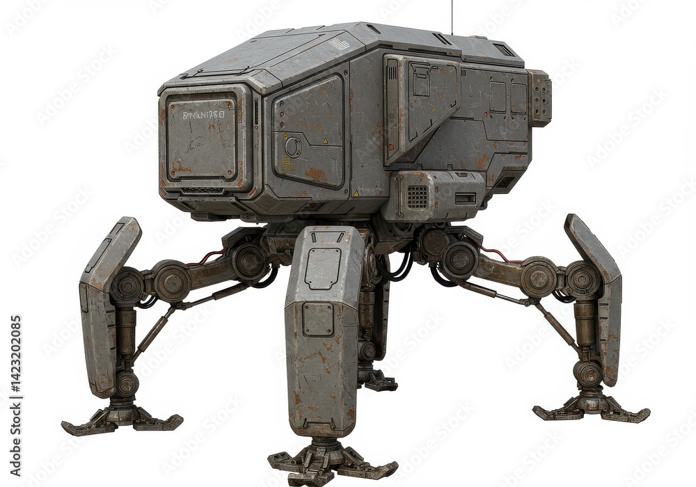 Poster close up of a gray futuristic robotic machine with four legs on a white isolated background image