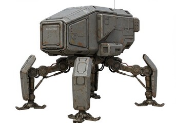 Naklejka premium Close up of a gray futuristic robotic machine with four legs on a white isolated background image