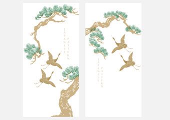 Bonsai tree and cran birds elements. Geometric pattern in vintage style. Japanese background with Asian traditional icon vector.