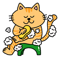 体を洗うねこのイラスト