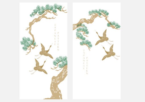 Bonsai tree and cran birds elements. Geometric pattern in vintage style. Japanese background with Asian traditional icon vector.
