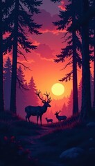 Hunting silhouettes of deer in a forest landscape at dusk, deer silhouette, hunting