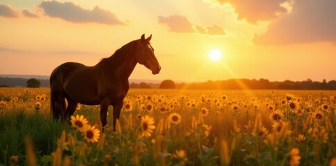 Horse Silhouette in Field with Wheat and Sunflowers, horses, countryside
