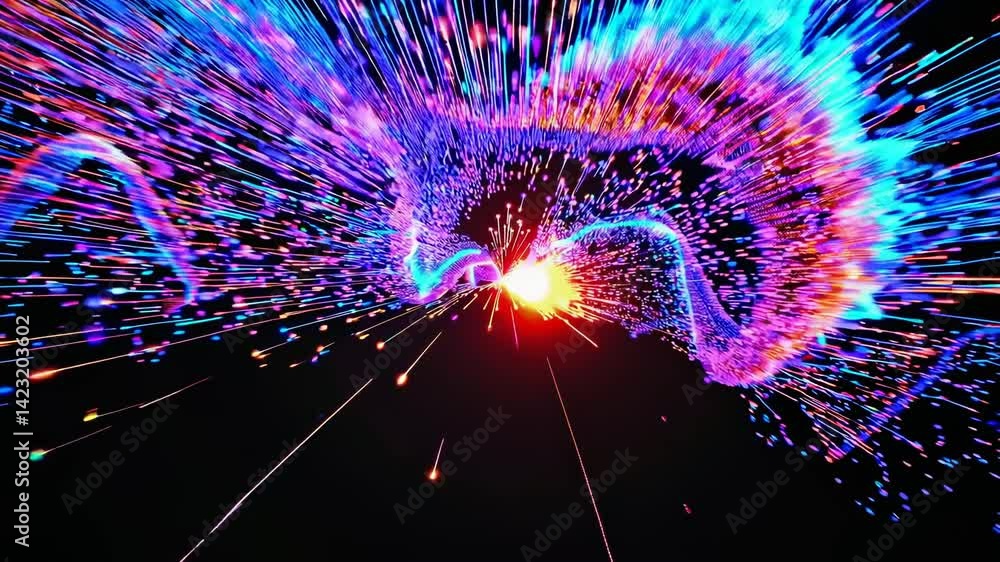 Poster vibrant bursts of energy are characterized by dynamic lines and particles in motion, emitting a radi