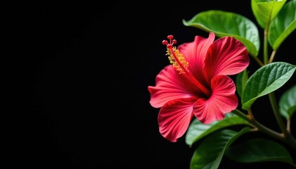 Fototapeta premium Bold tropical hibiscus, lush green leaves, on a black background, black and white floral, bold print