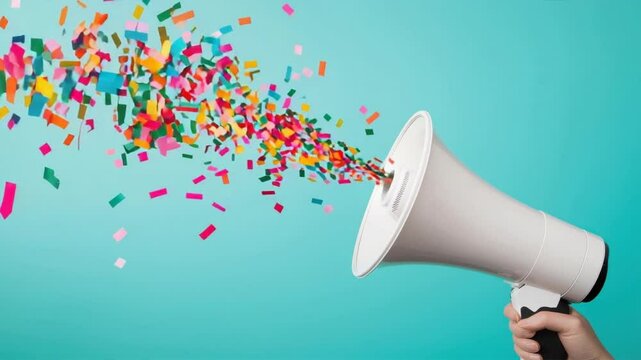 A vibrant megaphone releasing colorful confetti, symbolizing celebration and positive communication.