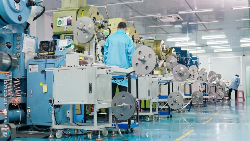 Poster technology production workshop, technicians engineer setting and programing to start special machine