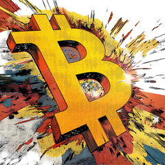 Bitcoin symbol in a vibrant, explosive graphic design