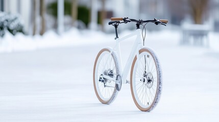White bicycle on snowy urban street.  A sleek, modern, white bicycle stands on a snowy urban street, in front of houses and trees. The bike's design is clean and minimalist,