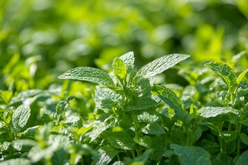 Fresh mint leaves growing in a sunny garden setting  