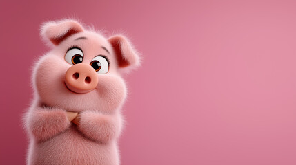 Fototapeta premium Cute pig stands with a playful expression against a soft pink background