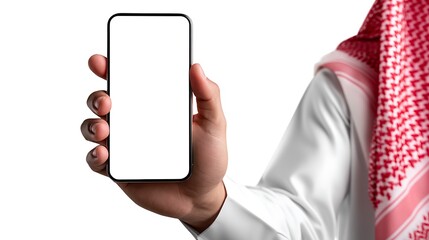 Muslim Man with White Saudi Dress and Red Shemagh is Holding Smartphone with White Blank Screen Mockup : Suitable for Be Used in Content Related to Technology Theme.