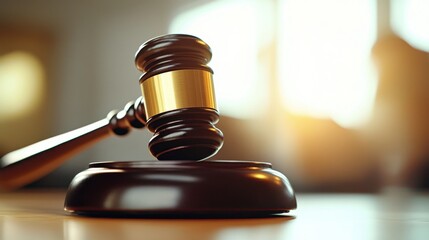 Courtroom action with judge's gavel on wooden desk legal scene warm lighting focused view