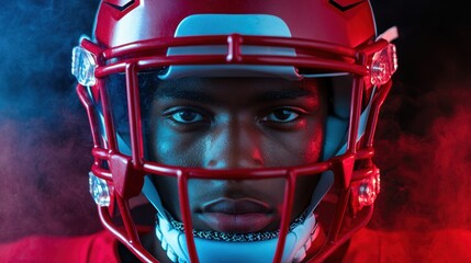 Intense football player isolated against dramatic standard dramatic lighting sports photography portrait low angle