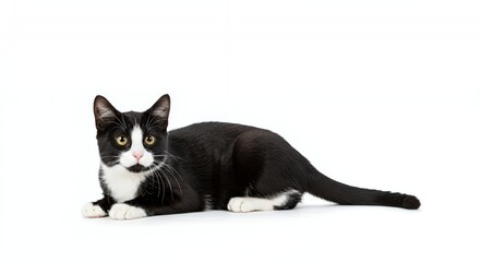 Graceful Tuxedo Cat Isolated Against a Seamless White Background in a Studio Shot with Elegant Black and White Fur and Calm Expression Perfect for Decoration