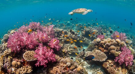 Naklejka premium Sea Turtle Swims Above Coral Reef with Colorful Fish and Soft Coral