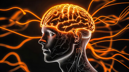 Glowing Orange Neural Network Brain Profile Illustration