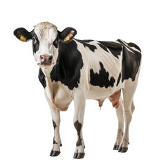 Black and white dairy cow with ear tag standing on a farm isolated on transparent background