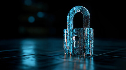 Futuristic cybersecurity visual featuring a glowing digital padlock, data streams, and secure network grid. Ideal for IT blogs, tech startups, or data protection marketing campaigns.