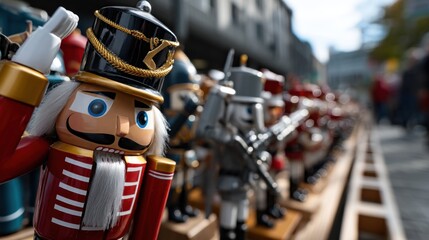 Collection of colorful toy nutcracker soldiers lined up outdoors on display in bright sunlight
