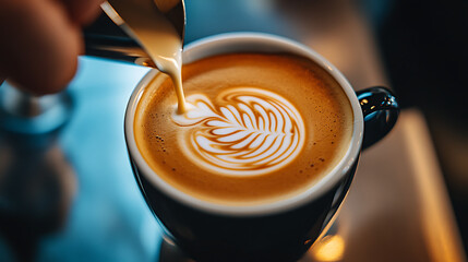 Artistically decorated latte coffee cup featuring intricate leaf design topped with creamy foam