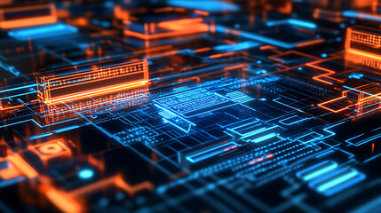 Futuristic Digital Circuit Board with Blue and Orange Illuminated Design