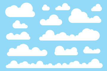 Set white fluffy clouds on blue background