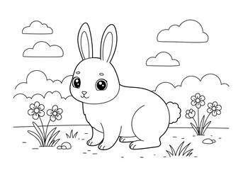 coloring page rabbit animal on grass and clouds sky