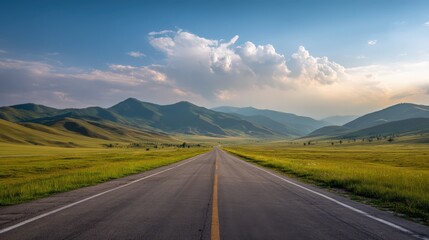Fototapeta premium Scenic Asphalt Road Journey Through Rolling Green Hills and Mountains Under a Blue Sky