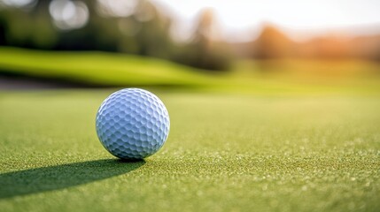 A close-up of a golf ball resting on a vibrant green putting green, illuminated by soft sunlight in the background.