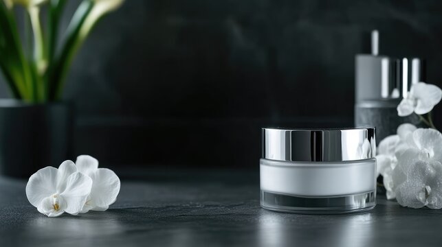 Elegant skincare product display featuring a jar of cream, orchids, and a plant