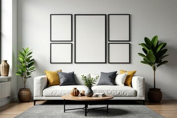Modern living room with gallery wall featuring empty black frames and industrial accents, accent, industrial