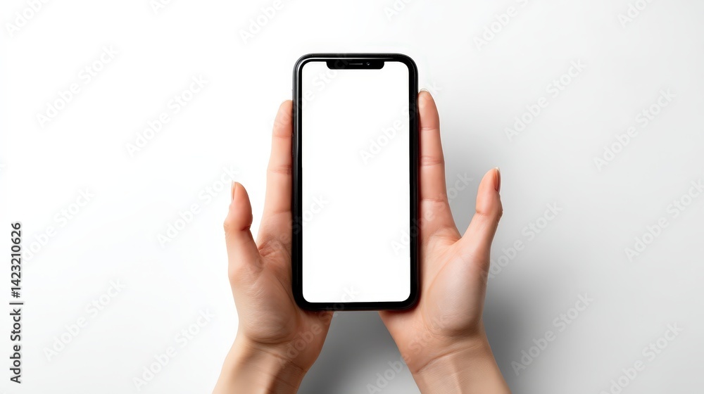 Poster hands holding a smartphone with a blank white screen mockup for app presentation or website design