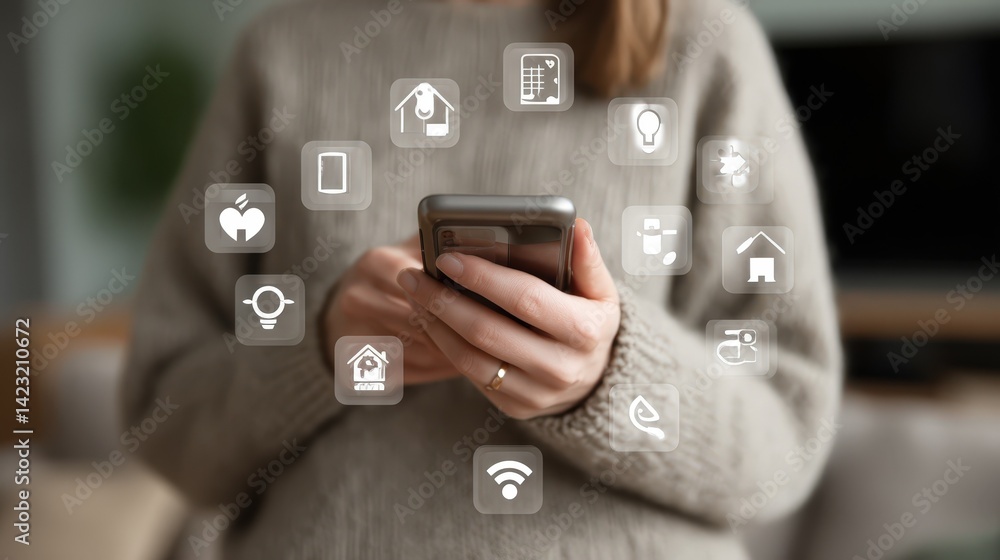 Poster woman using smartphone app for smart home control system management modern technology for home autom
