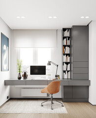 Home office with desk and shelves