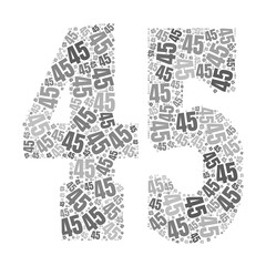 Grayscale word cloud forming the number 45, with repeated text in various sizes.