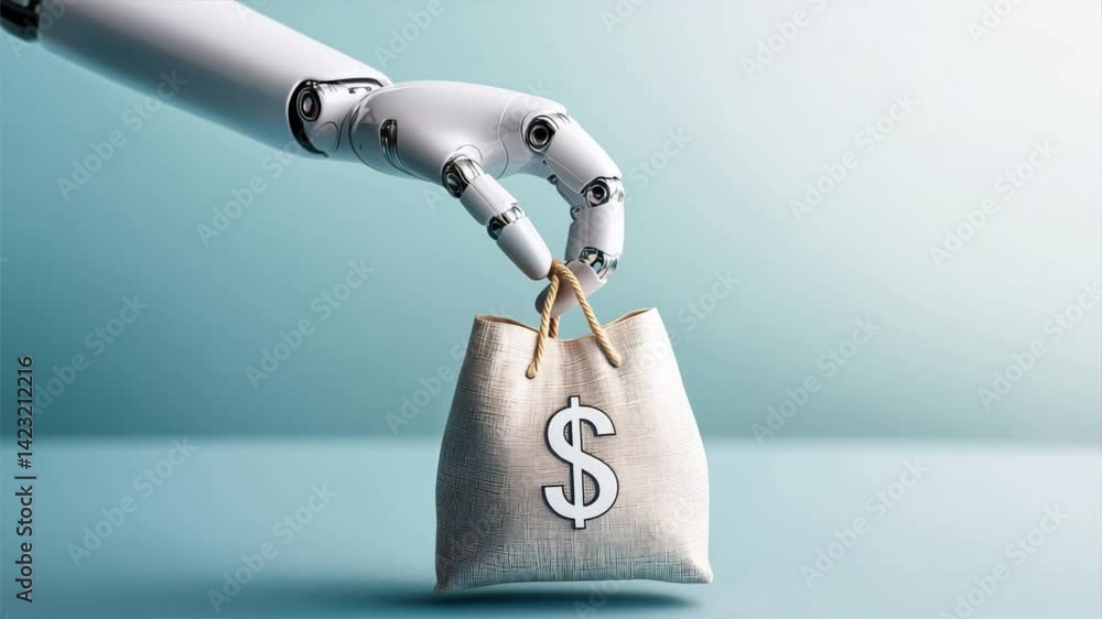 Poster a robotic hand grasping a money bag symbolizing automation in finance and smart technologies. using 