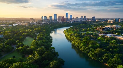 Austin cityscape during golden hour with the Colorado River meandering through lush greenery