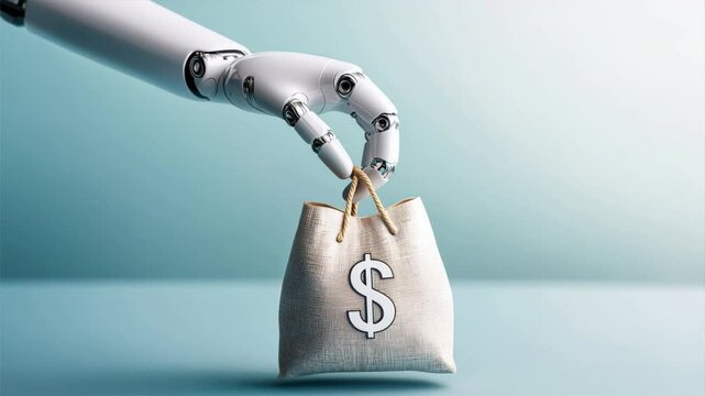 A robotic hand grasping a money bag symbolizing automation in finance and smart technologies. Using AI to work and earn money.