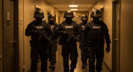 Tactical SWAT team in full gear advancing through corridor and weapons drawn. Law enforcement operation in progress. Security, emergency response . Special operations for high-risk situation