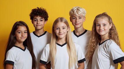 Diverse group of smiling children in matching white and black sports uniforms against bright yellow background. Youth team sports. School activities, sports clubs and children's athletic programs.