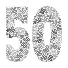 Grayscale word cloud forming the number 50, with repeated text in various sizes.