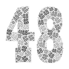 Grayscale word cloud forming the number 48, with repeated text in various sizes.