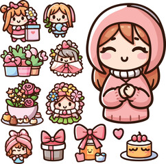 Cute Kawaii Mothers Day Stickers. Adorable Mom Day Elements. Cartoon Illustration