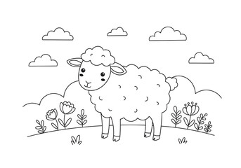 coloring page sheep animal on grass and clouds sky
