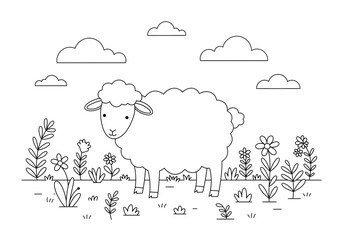 coloring page sheep animal on grass and clouds sky