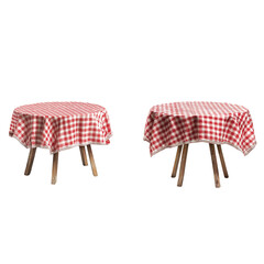 pair of round tables with red and white checkered tablecloths, perfect for outdoor dining