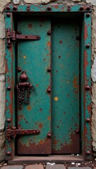 Grungy metal door with rusty hinges and chains, heavy machinery, rusty