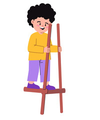 Egrang bamboo wooden balancing game children kids play traditional Indonesia outdoor activities drawing illustration